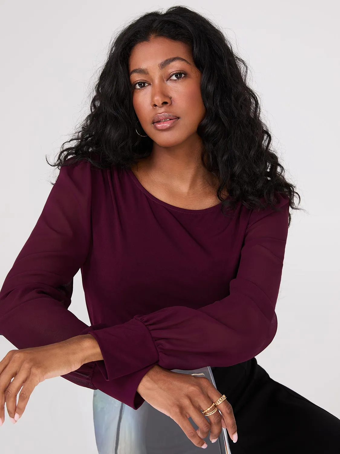 Long Chiffon Sleeve Boat Neck Top sold by Suzy Shier