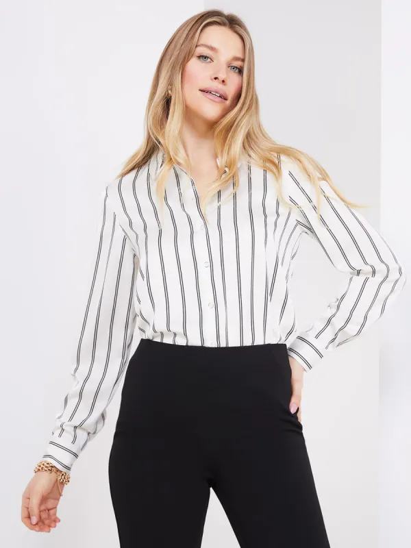Double Pinstripe Satin Button-Front Blouse sold by Suzy Shier