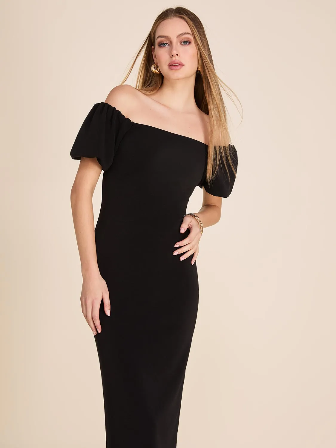 Off-The-Shoulder Puff Sleeve Fitted Midi Dress sold by Suzy Shier product image thumbnail 2