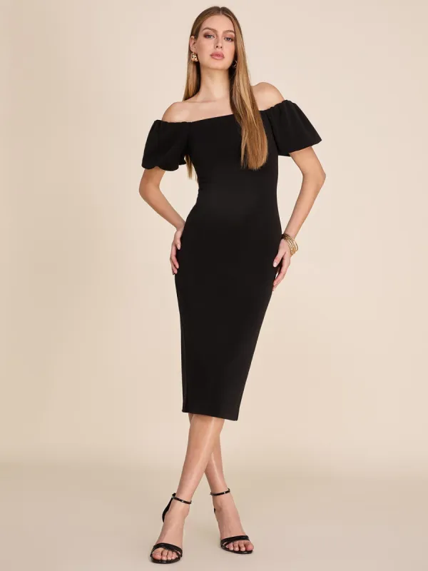 Off-The-Shoulder Puff Sleeve Fitted Midi Dress sold by Suzy Shier
