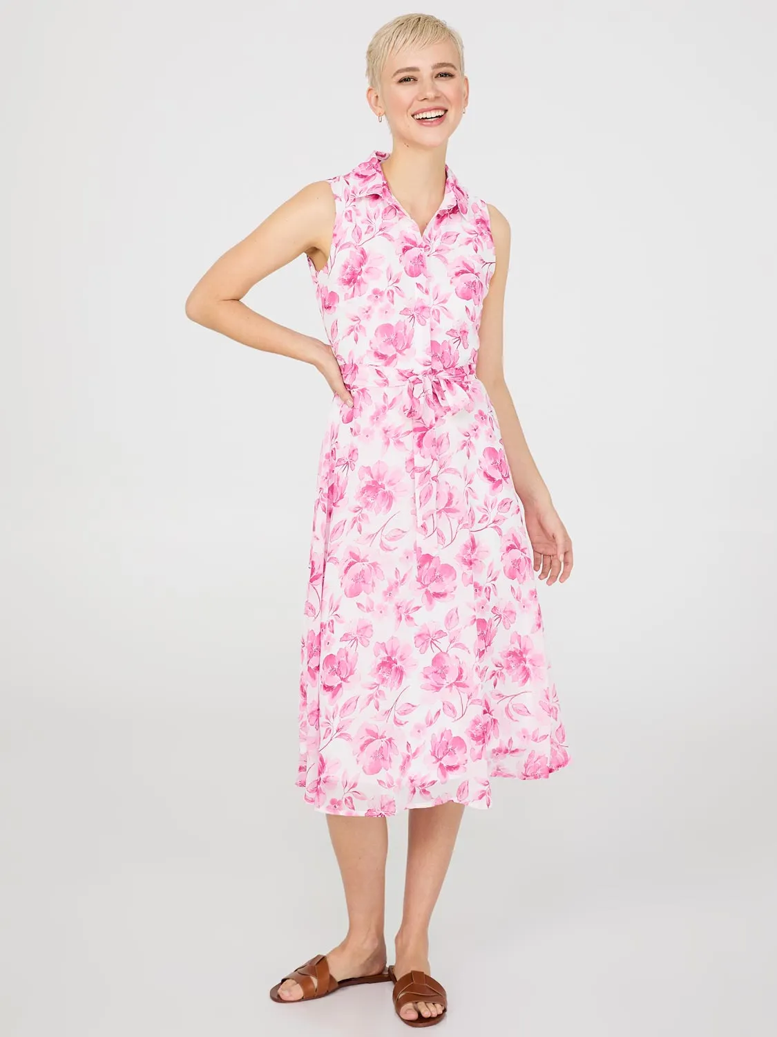 Sleeveless Chiffon Printed Button-Front Midi Dress sold by Suzy Shier