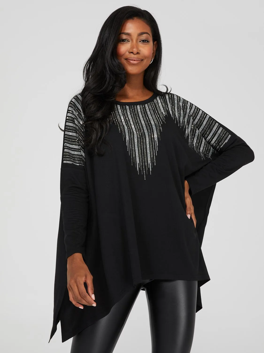 Asymmetrical Tunic Top With Rhinestone Details sold by Suzy Shier