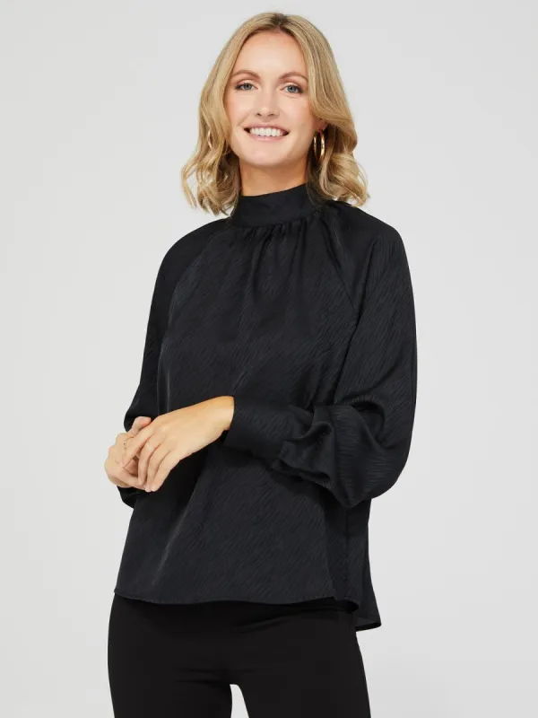 Satin Jacquard Mock Neck Top With Wide Sleeves sold by Suzy Shier
