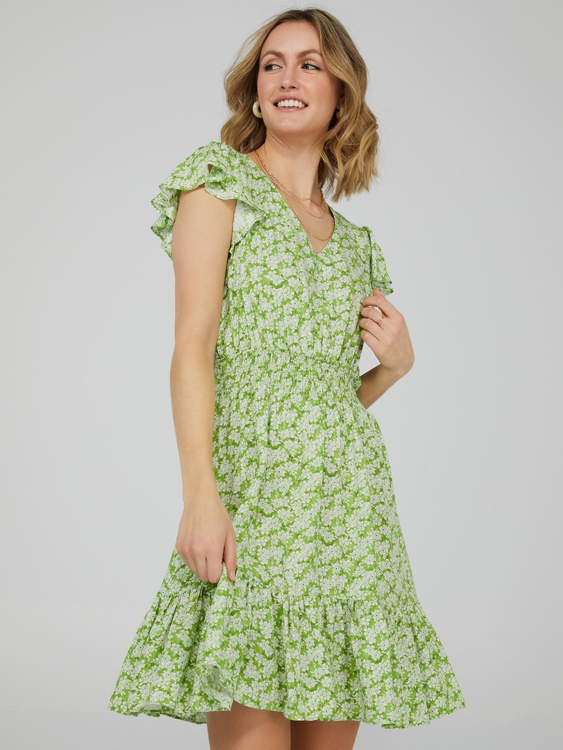 Floral Print V-Neck Mini Dress With Flutter Sleeves sold by Suzy Shier product image thumbnail 3