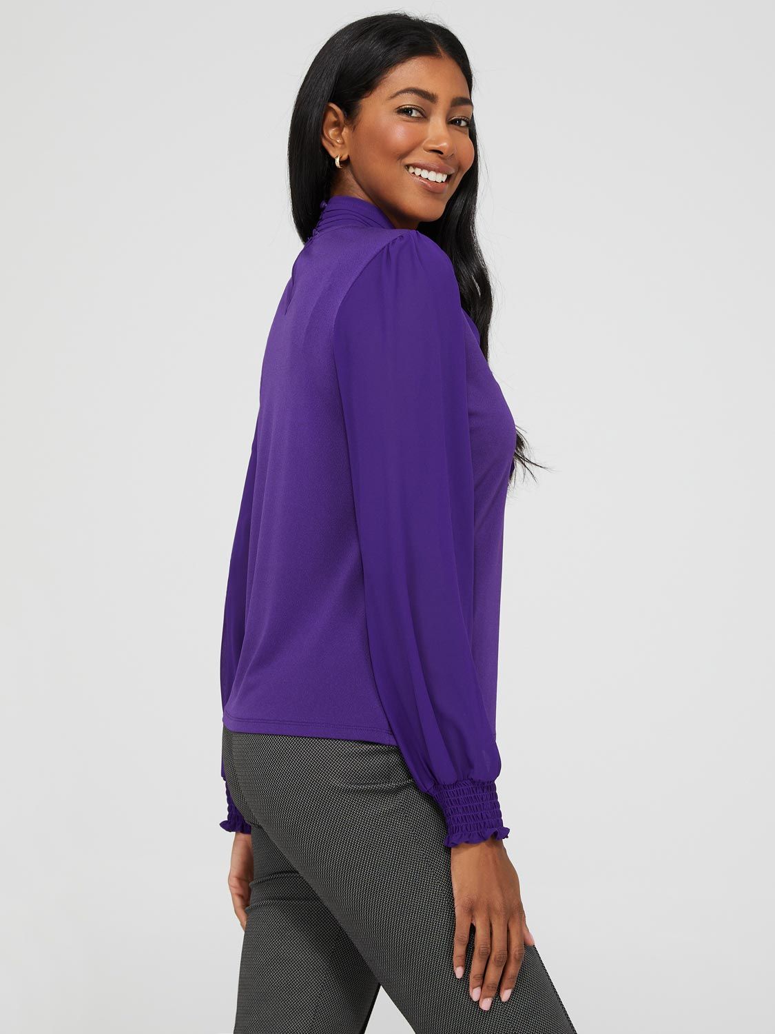 Long Sleeve Pleated Neck Chiffon Bow Top sold by Suzy Shier product image thumbnail 3