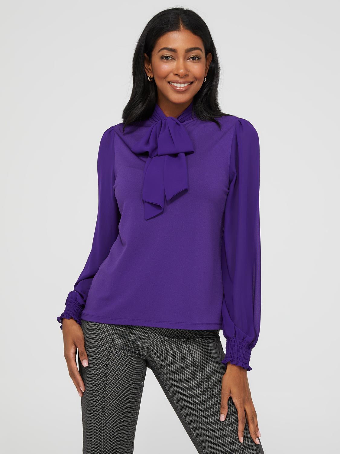 Long Sleeve Pleated Neck Chiffon Bow Top sold by Suzy Shier