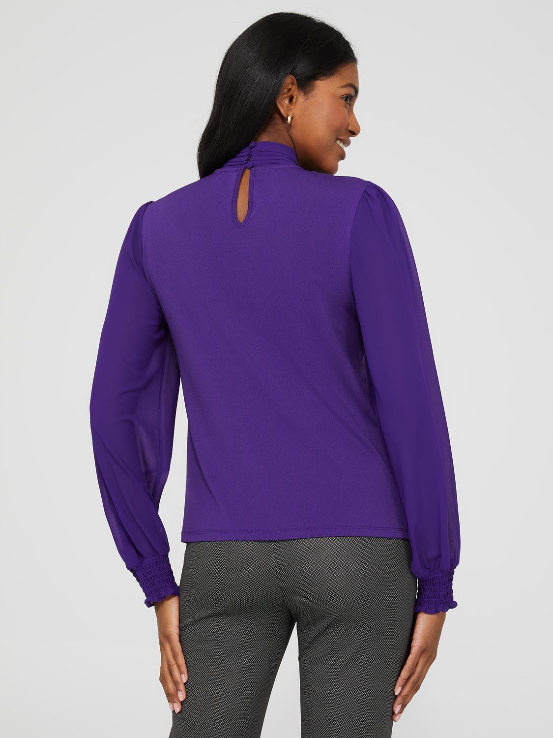 Long Sleeve Pleated Neck Chiffon Bow Top sold by Suzy Shier product image thumbnail 4