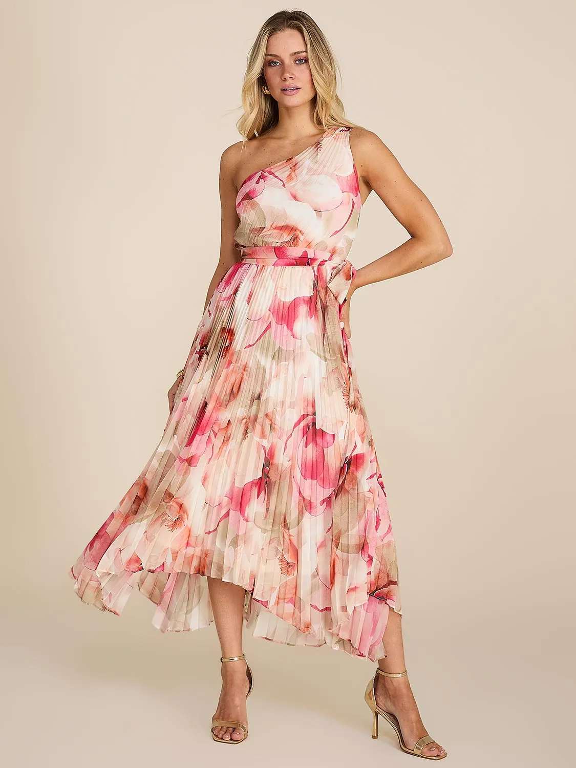 Floral Print One-Shoulder Pleated Chiffon Midi Dress sold by Suzy Shier