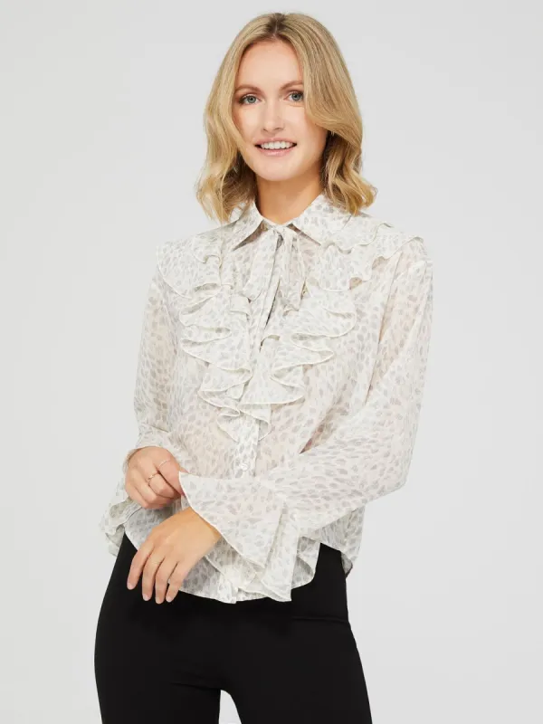 Animal Print Button-Front Chiffon Blouse With Ruffle Details sold by Suzy Shier