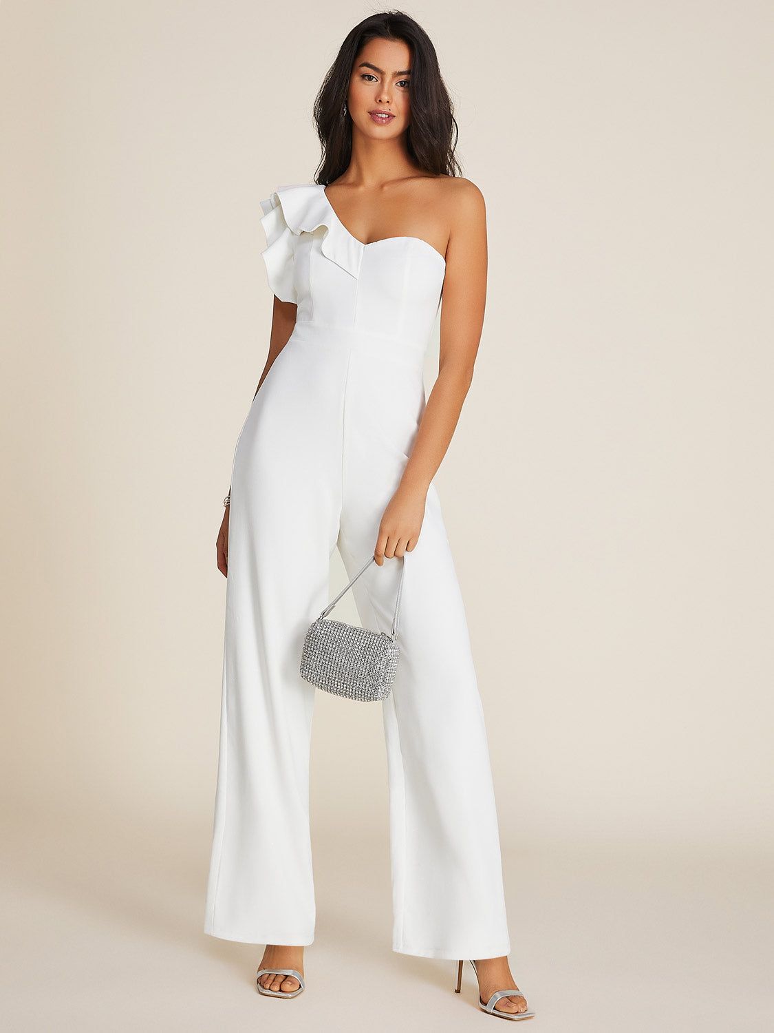 Wide Leg Bustier Jumpsuit With One-Shoulder Ruffle sold by Suzy Shier product image thumbnail 5