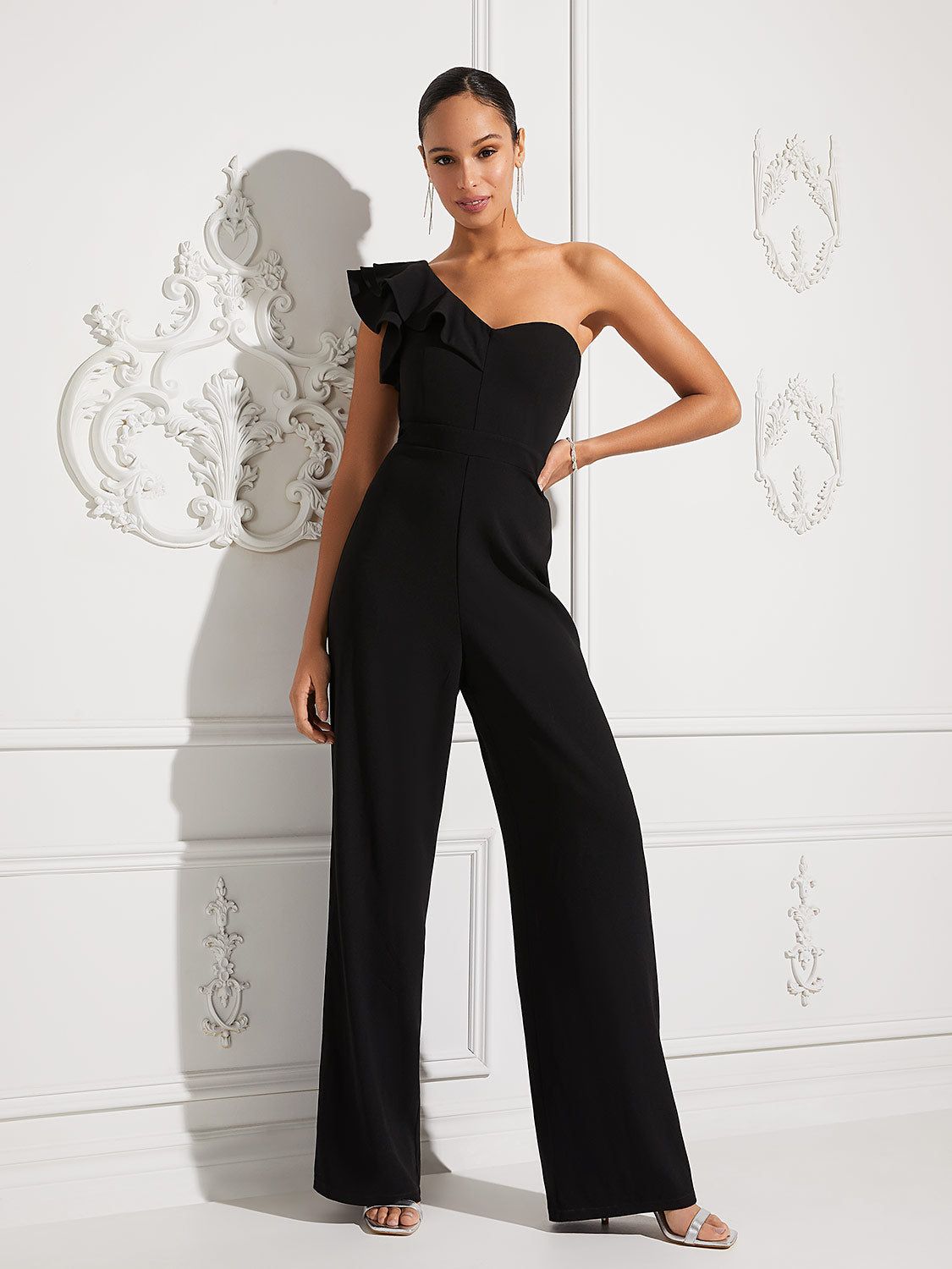 Wide Leg Bustier Jumpsuit With One-Shoulder Ruffle sold by Suzy Shier
