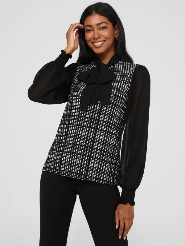 Printed Long Sleeve Pleated Neck Chiffon Bow Top sold by Suzy Shier