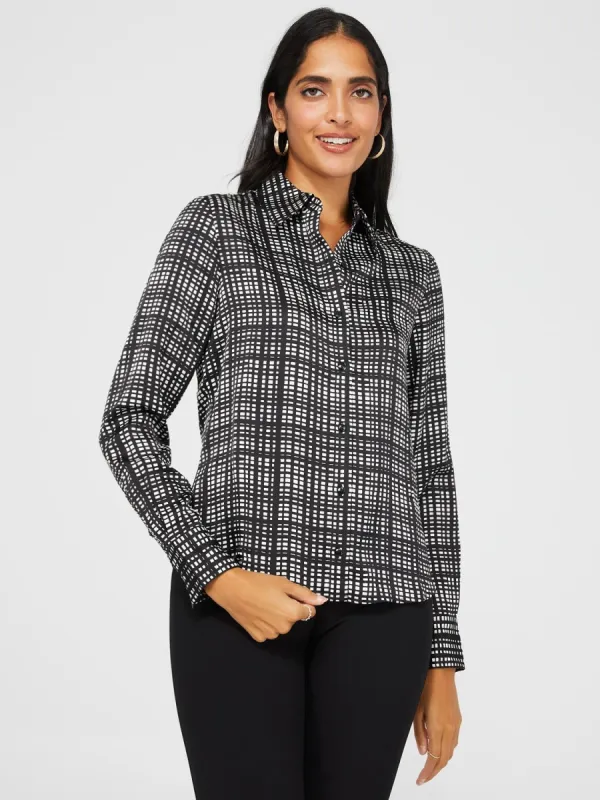 Plaid Satin Button-Front Blouse sold by Suzy Shier