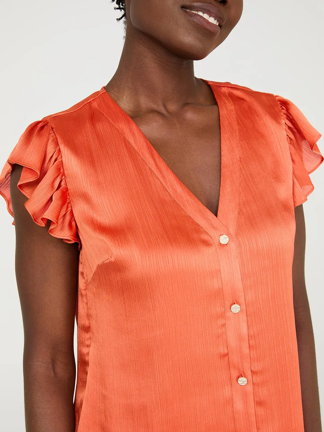 Crinkle Satin Ruffle Sleeve Button-Front Blouse sold by Suzy Shier product image thumbnail 3