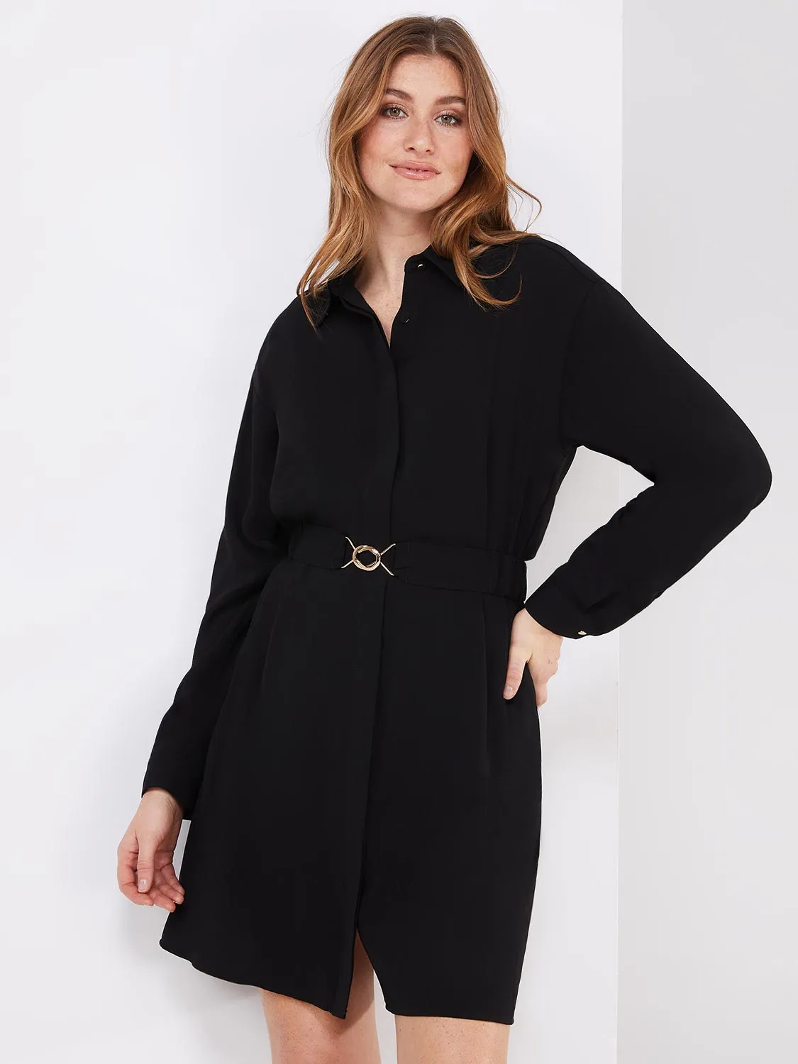 Button-Front Mini Shirt Dress With Belt sold by Suzy Shier product image thumbnail 2