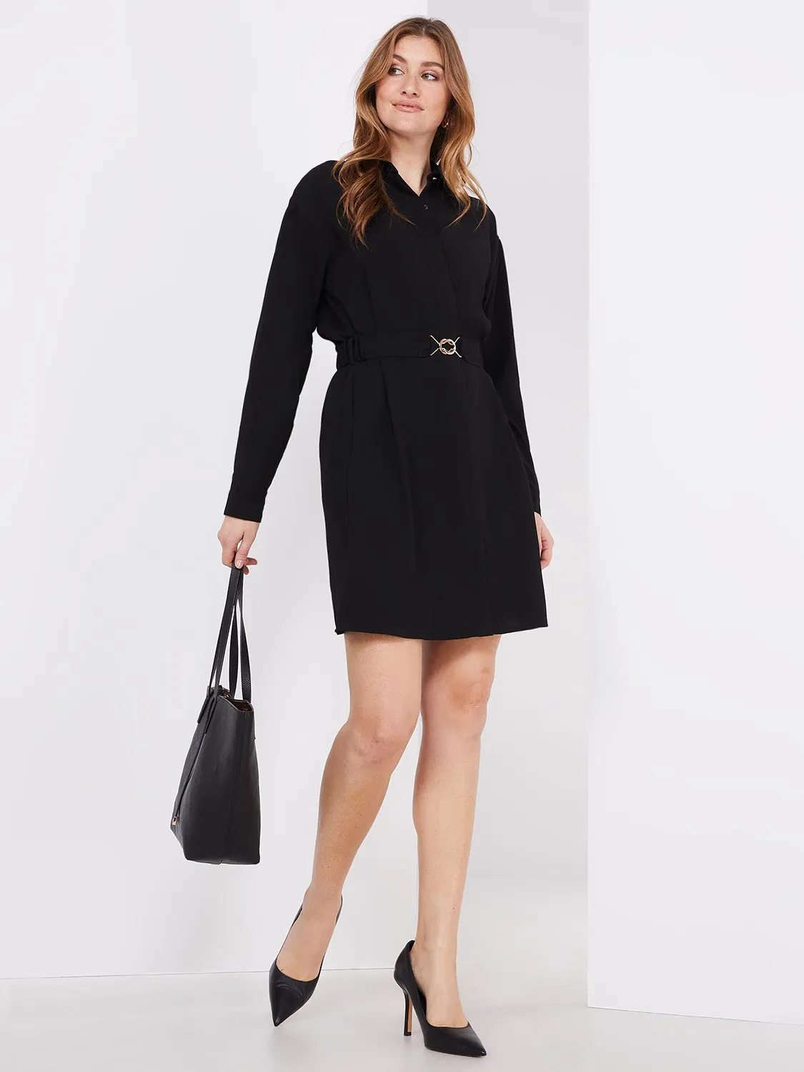 Button-Front Mini Shirt Dress With Belt sold by Suzy Shier