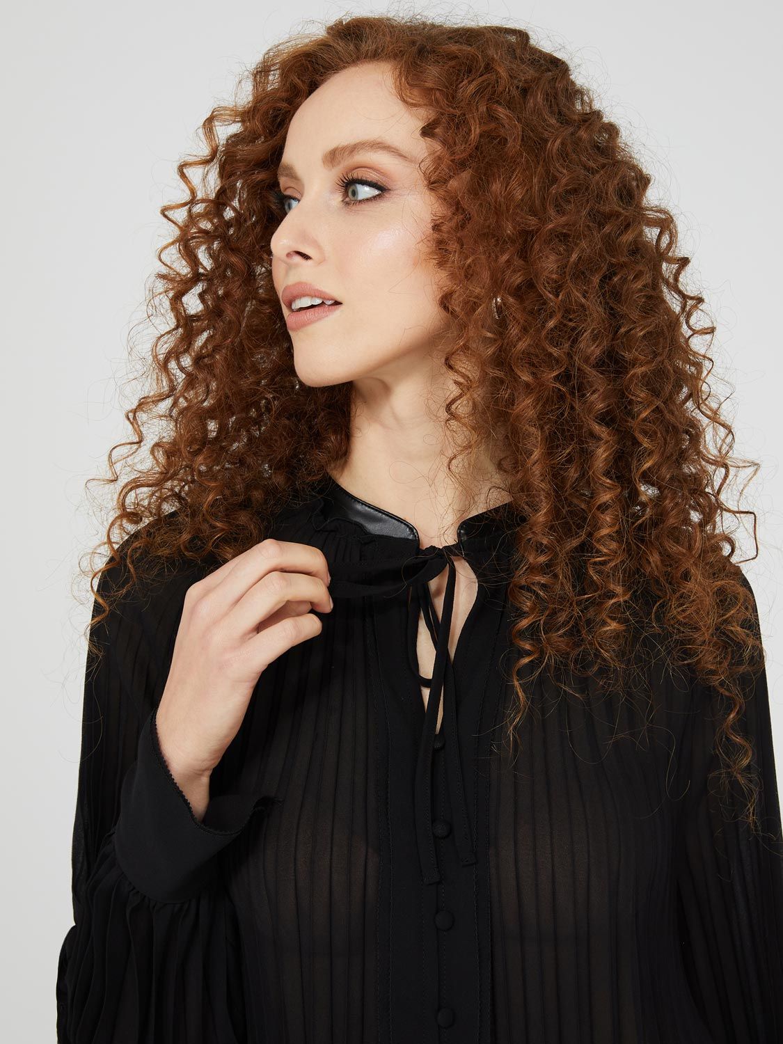 Pleated Chiffon Blouse With Faux Leather Details sold by Suzy Shier product image thumbnail 2