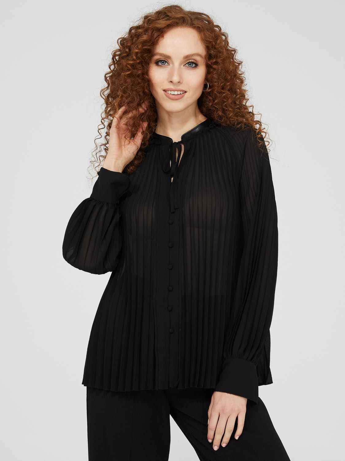 Pleated Chiffon Blouse With Faux Leather Details sold by Suzy Shier