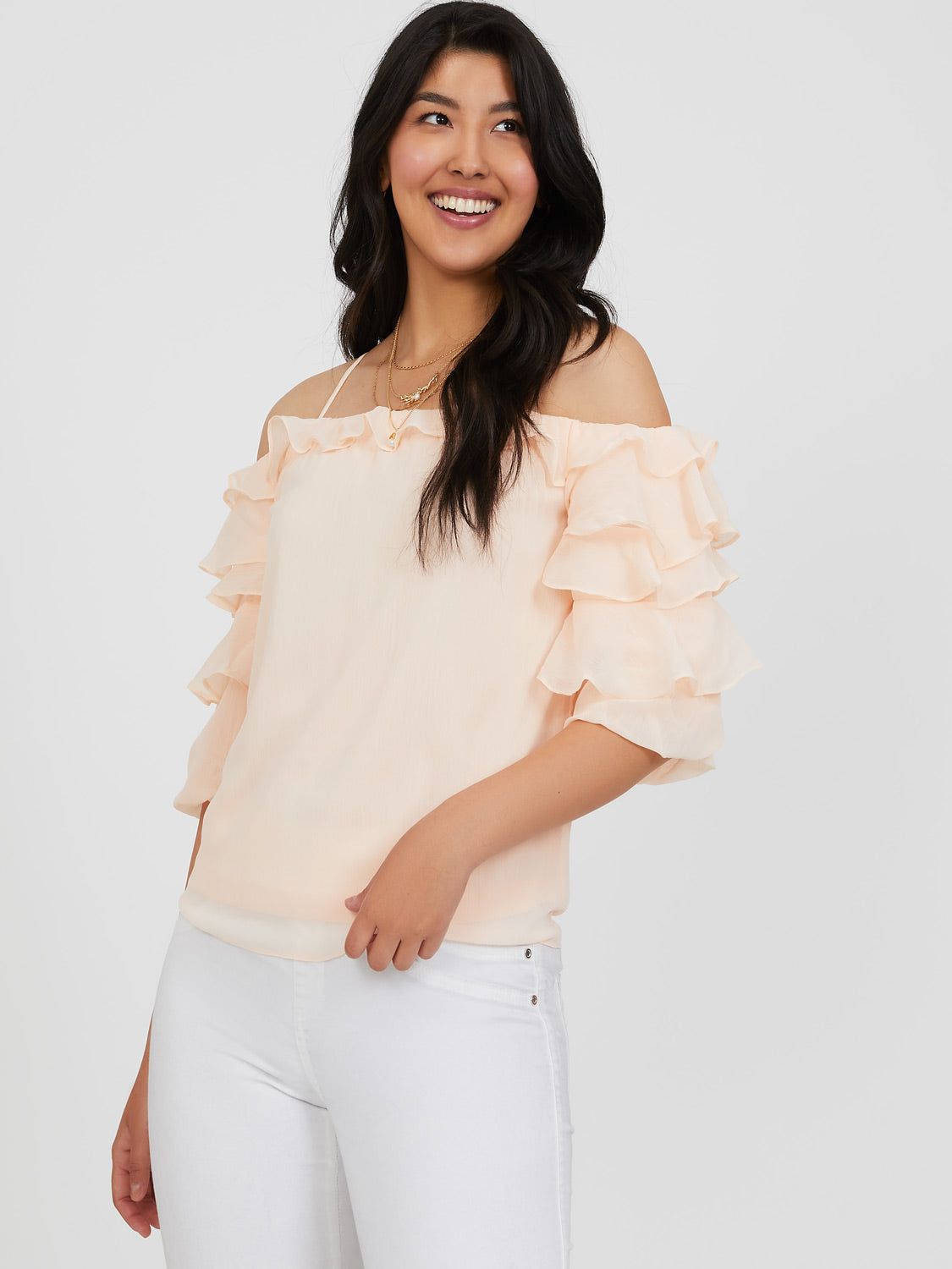 ¾ Ruffled Sleeves Off-The-Shoulder Blouse sold by Suzy Shier