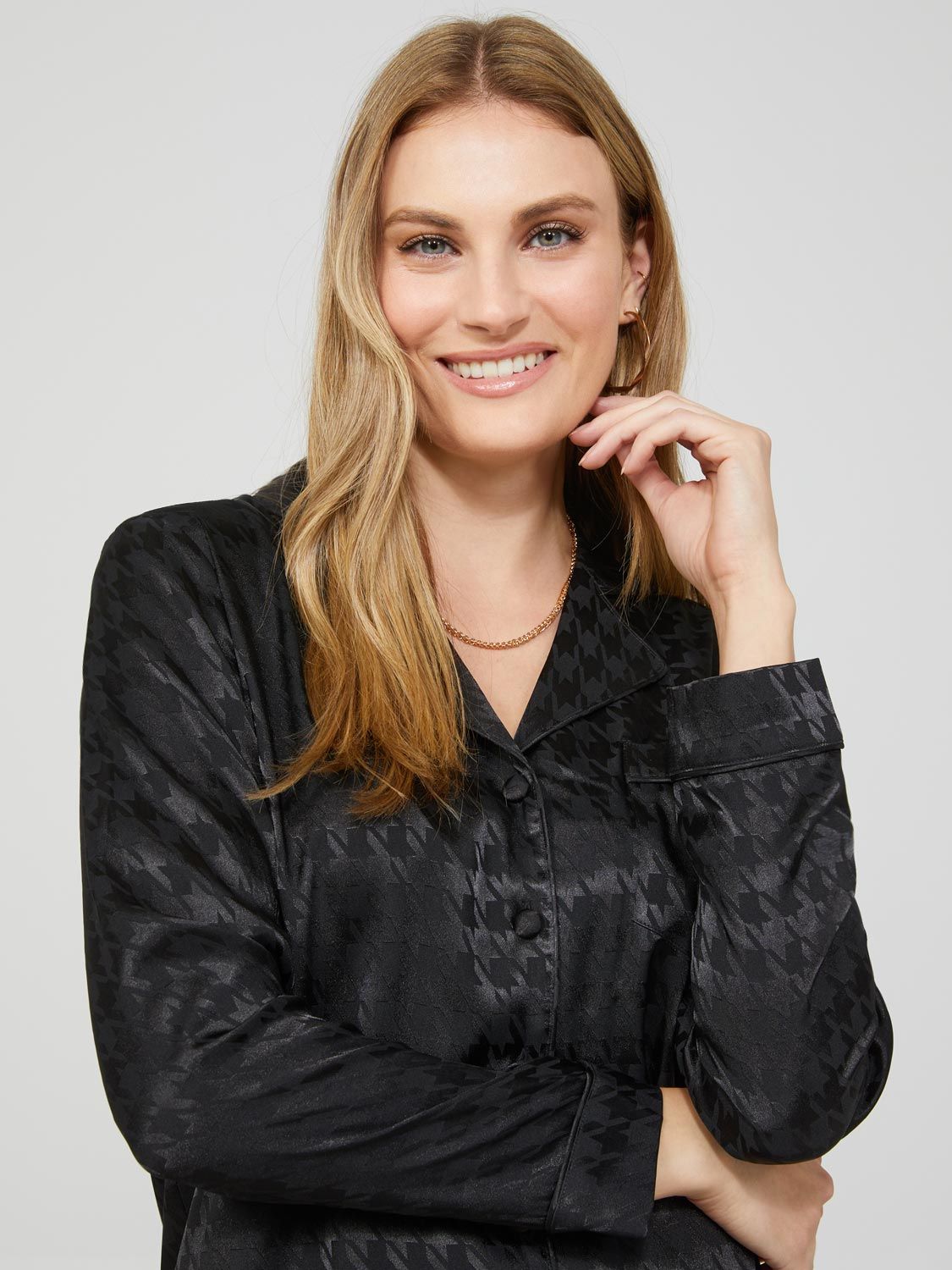 Houndstooth Satin Jacquard Button-Down Pajama Set sold by Suzy Shier product image thumbnail 3