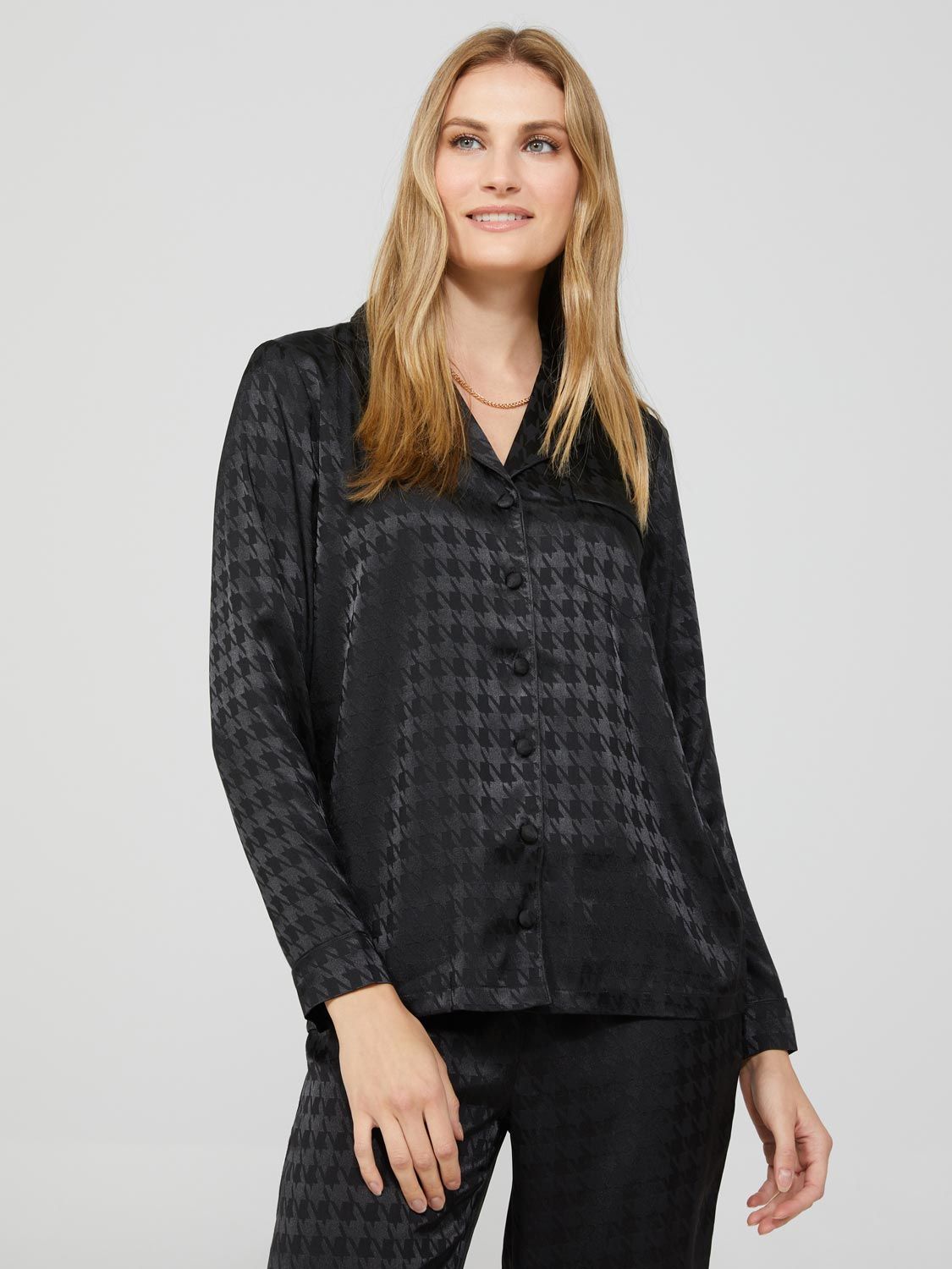 Houndstooth Satin Jacquard Button-Down Pajama Set sold by Suzy Shier product image thumbnail 2