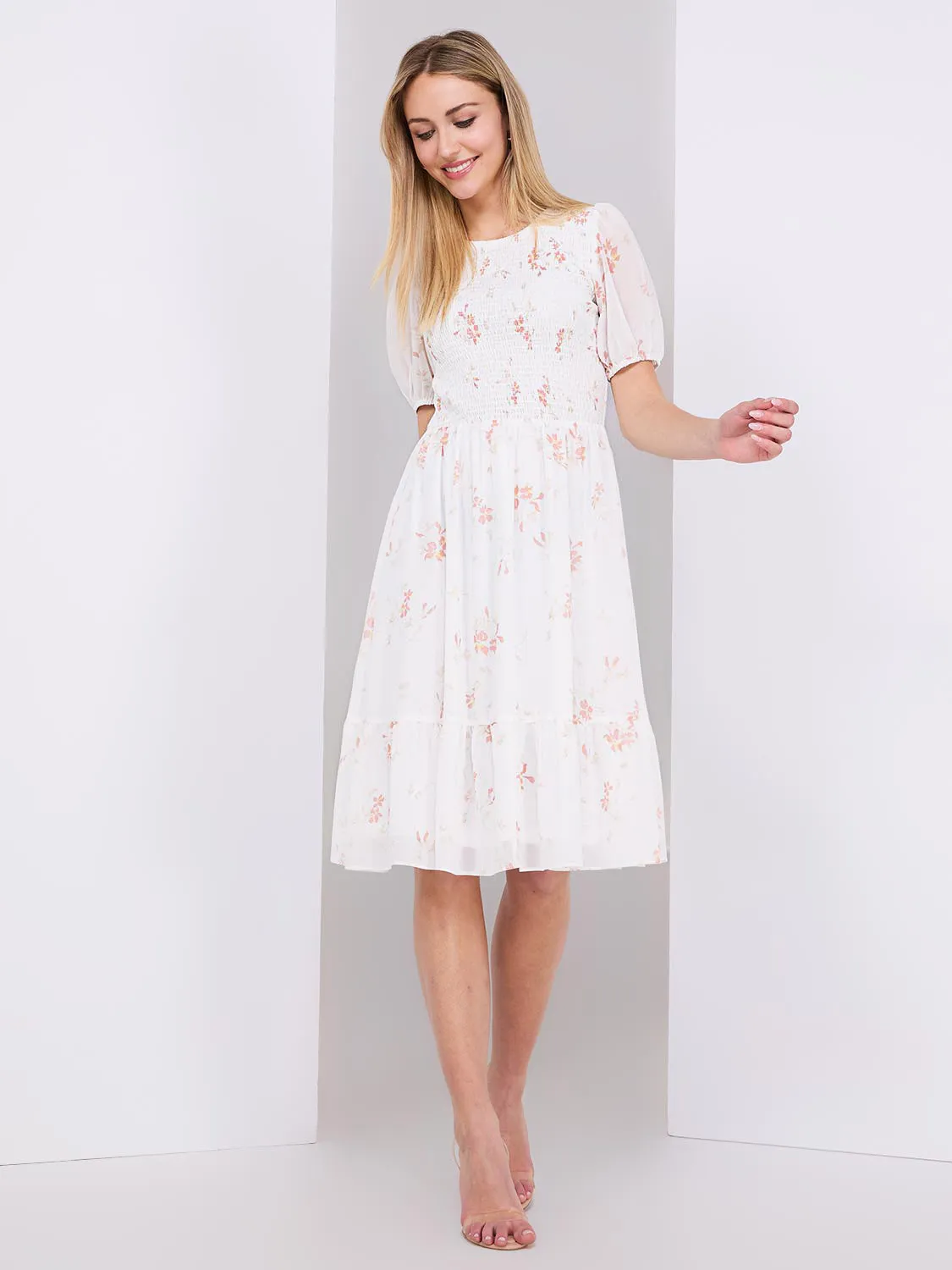 Printed Puff Sleeve Smocked Dress sold by Suzy Shier