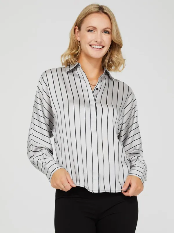 Striped Satin Button-Front Dolman Sleeve Blouse sold by Suzy Shier