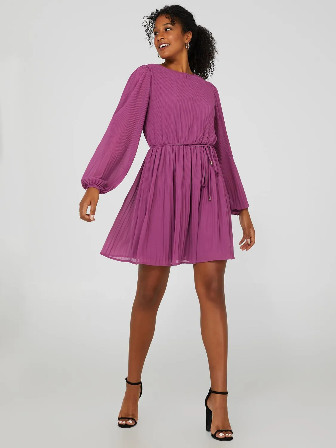 Plisse Chiffon Long Sleeve Mini Dress With Elastic Waist sold by Suzy Shier