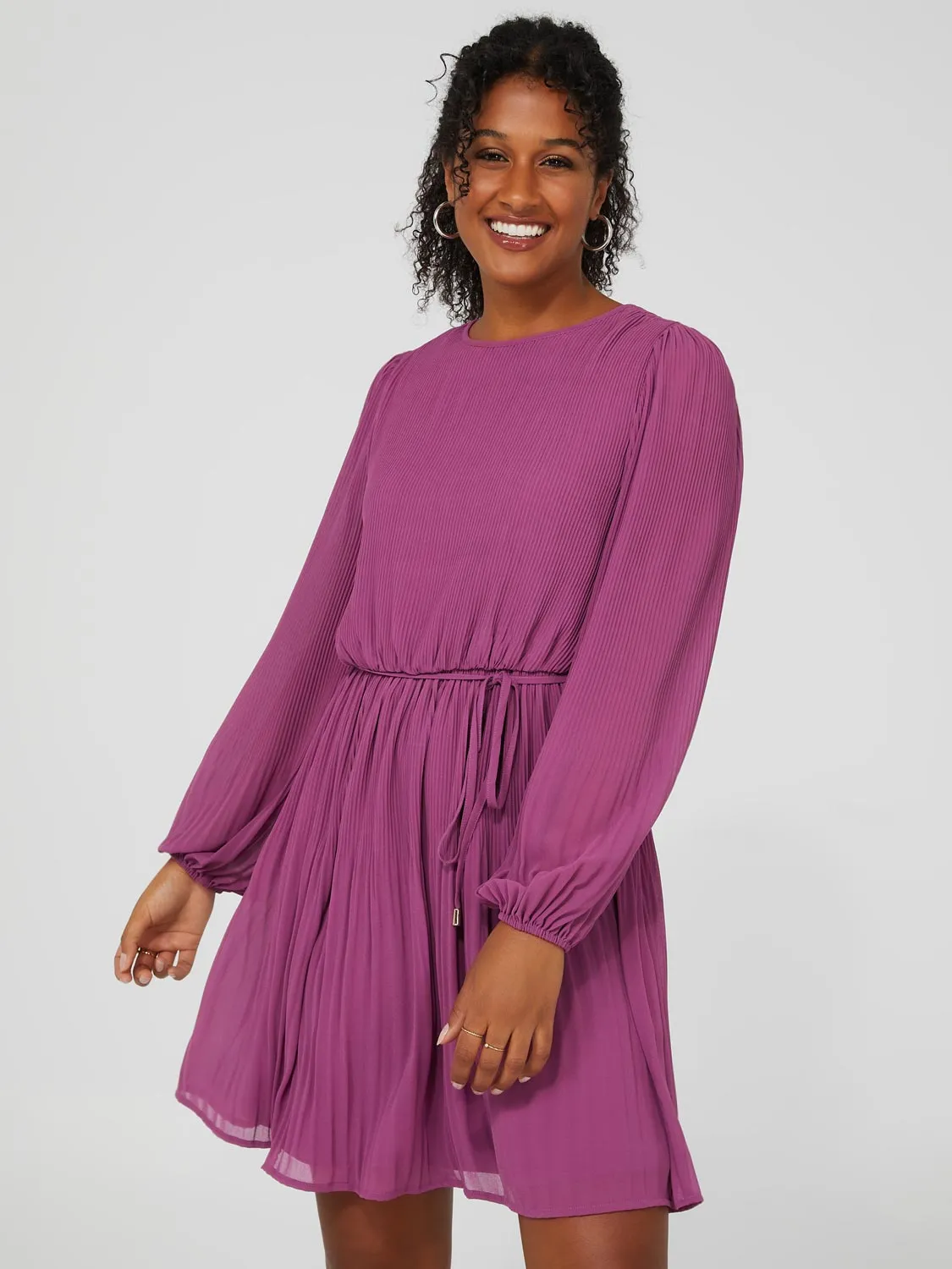 Plisse Chiffon Long Sleeve Mini Dress With Elastic Waist sold by Suzy Shier product image thumbnail 2