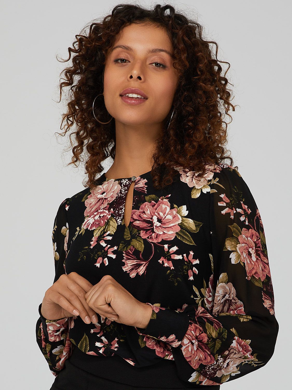 Floral Keyhole Bubble Sleeve Top sold by Suzy Shier