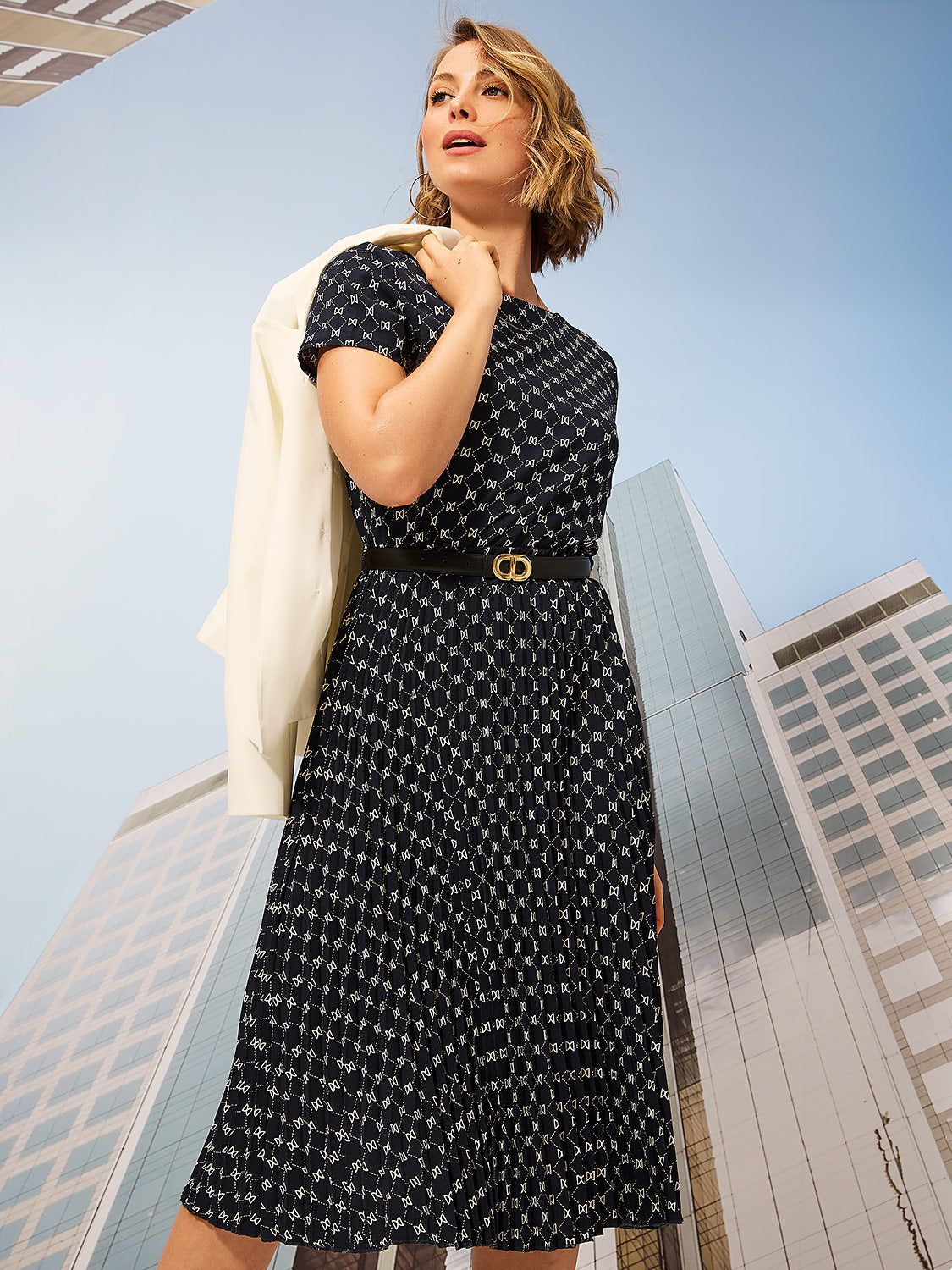 Boat Neck Pleated Midi Dress, <br>The Lauren Dress sold by Suzy Shier