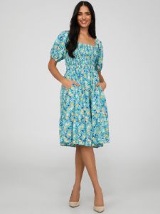Floral Print Smocked Square Neck Midi Dress sold by Suzy Shier