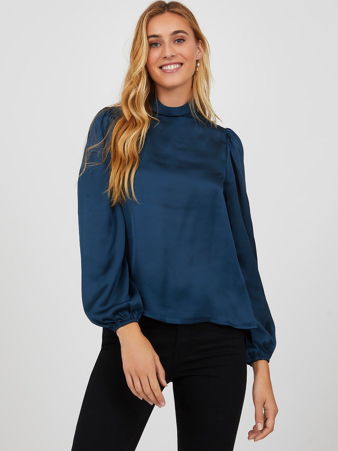 Satin High Neck Balloon Sleeve Blouse sold by Suzy Shier product image thumbnail 2