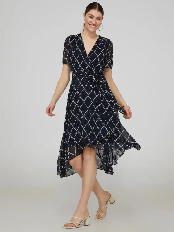 Printed Cross-Front High-Low Midi Dress sold by Suzy Shier