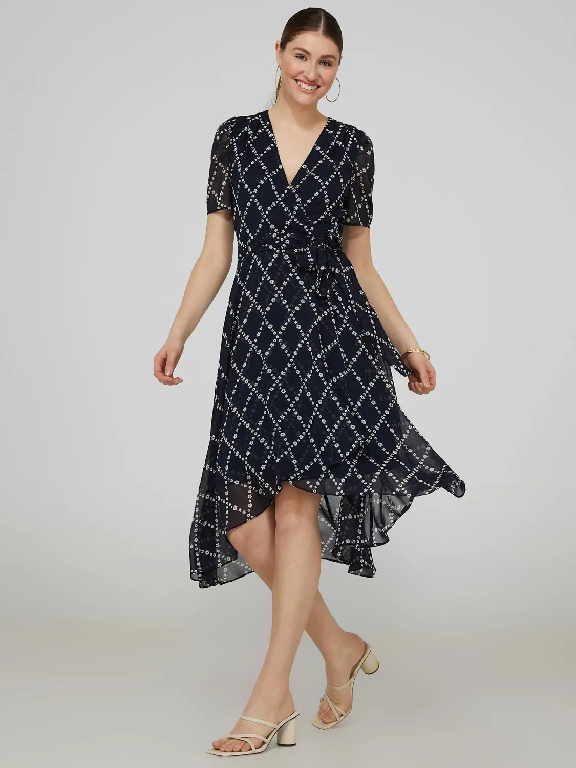Printed Cross-Front High-Low Midi Dress sold by Suzy Shier