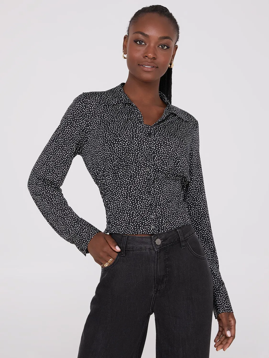 Printed Empire Waist Button-Front Blouse sold by Suzy Shier
