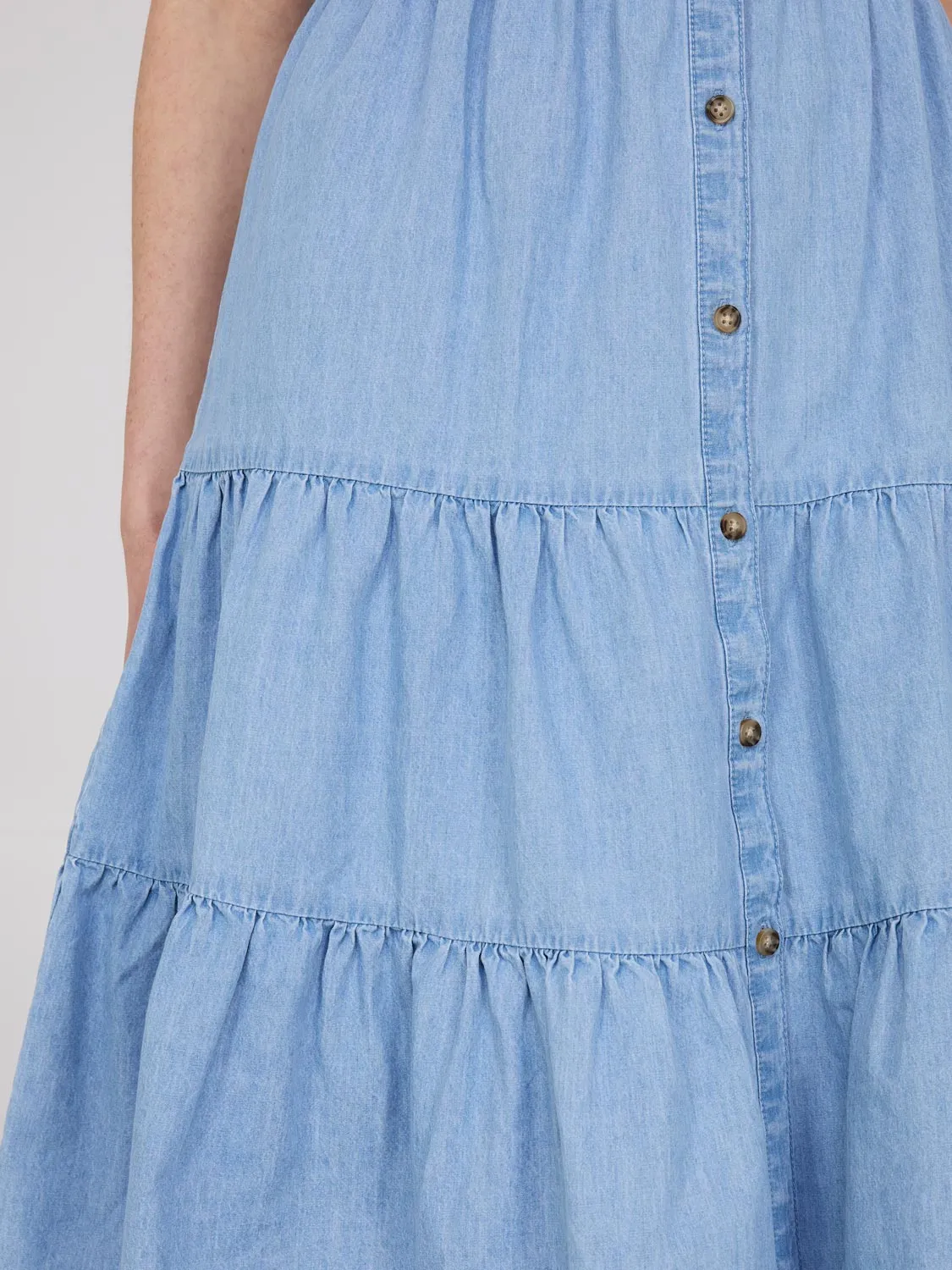 Denim Button-Front Tiered Dress sold by Suzy Shier product image thumbnail 3