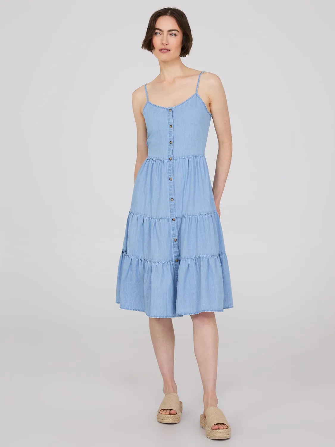 Denim Button-Front Tiered Dress sold by Suzy Shier