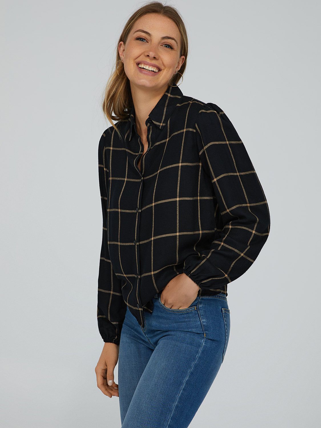 Plaid Button-Front Blouse sold by Suzy Shier