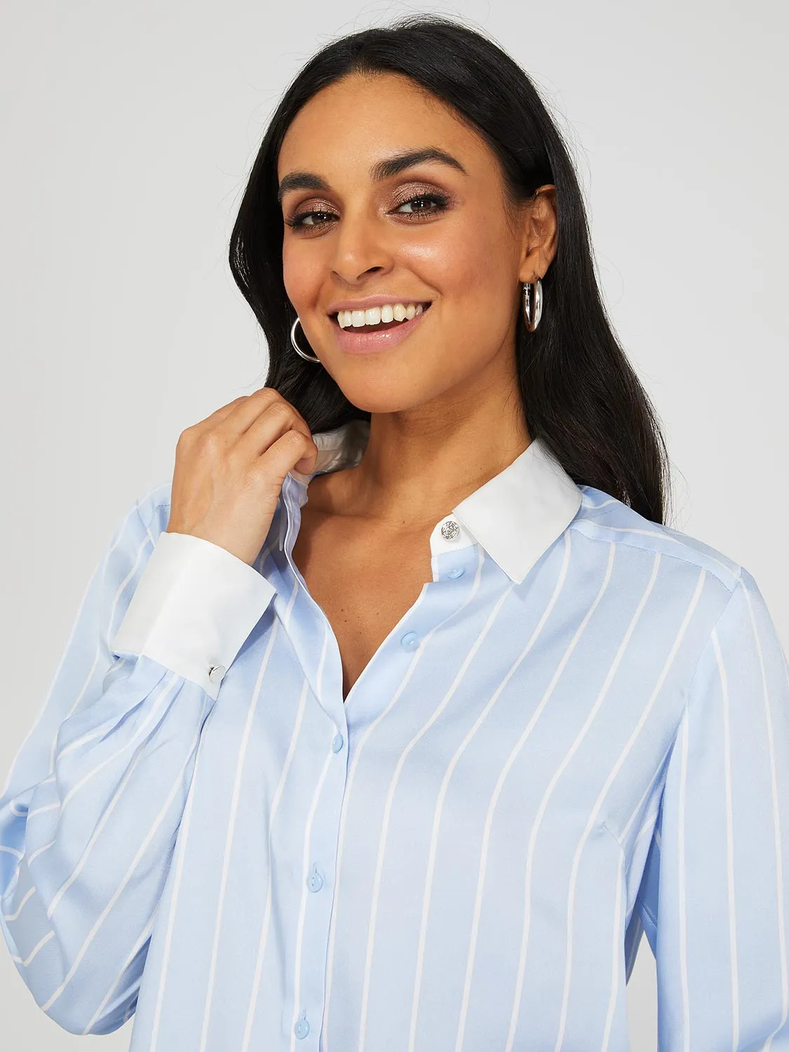 Striped Satin Button-Front Blouse With Contrast Collar sold by Suzy Shier product image thumbnail 2