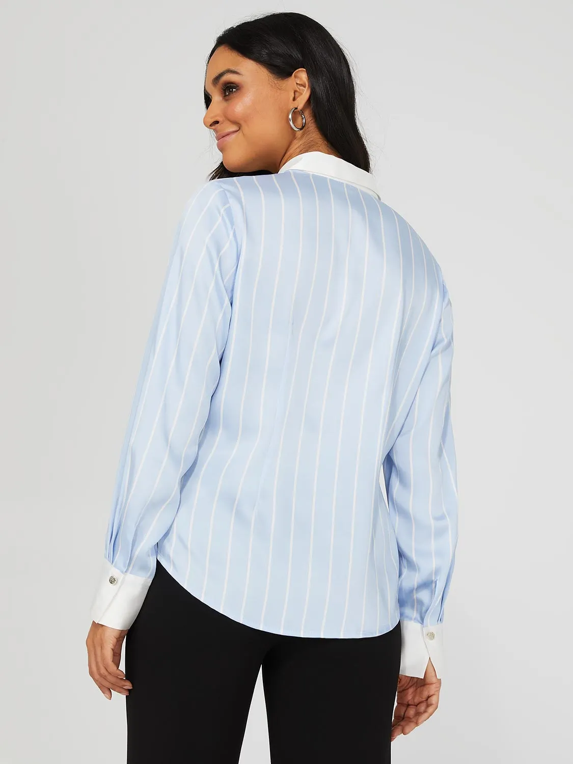 Striped Satin Button-Front Blouse With Contrast Collar sold by Suzy Shier product image thumbnail 4
