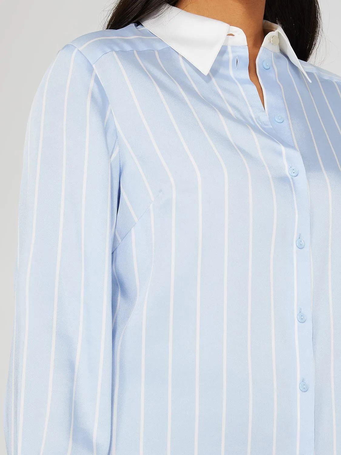 Striped Satin Button-Front Blouse With Contrast Collar sold by Suzy Shier product image thumbnail 5