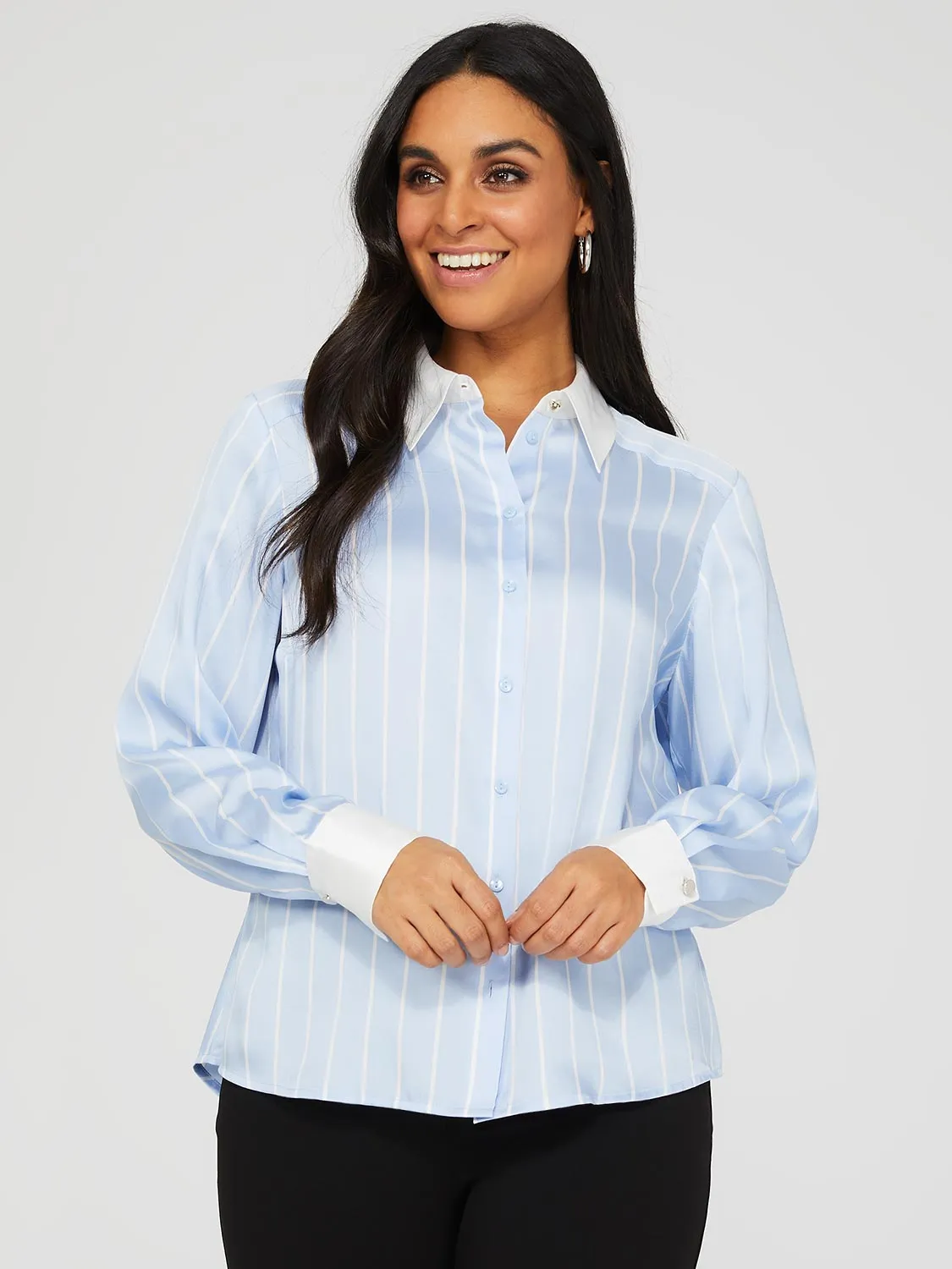 Striped Satin Button-Front Blouse With Contrast Collar sold by Suzy Shier product image thumbnail 3
