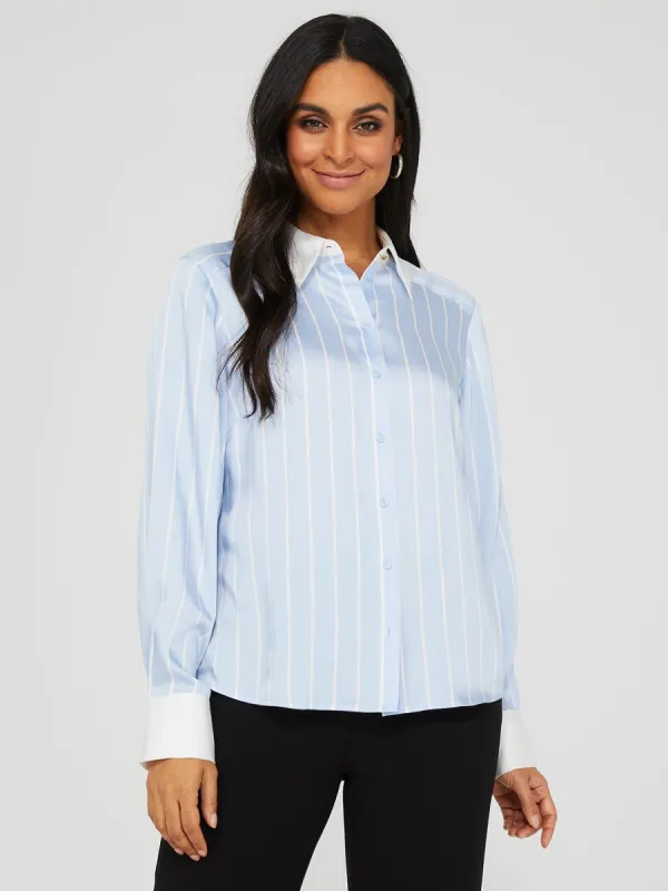 Striped Satin Button-Front Blouse With Contrast Collar sold by Suzy Shier
