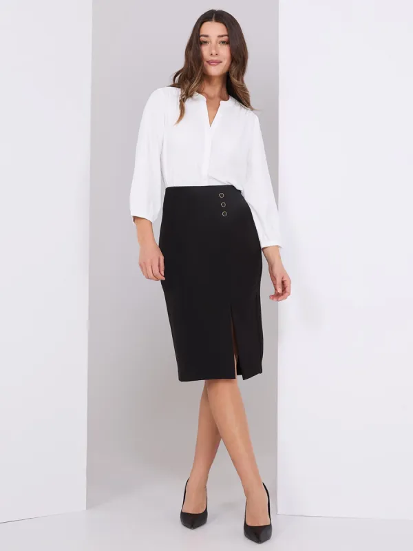 Front Slit Pencil Skirt With Button Detail sold by Suzy Shier
