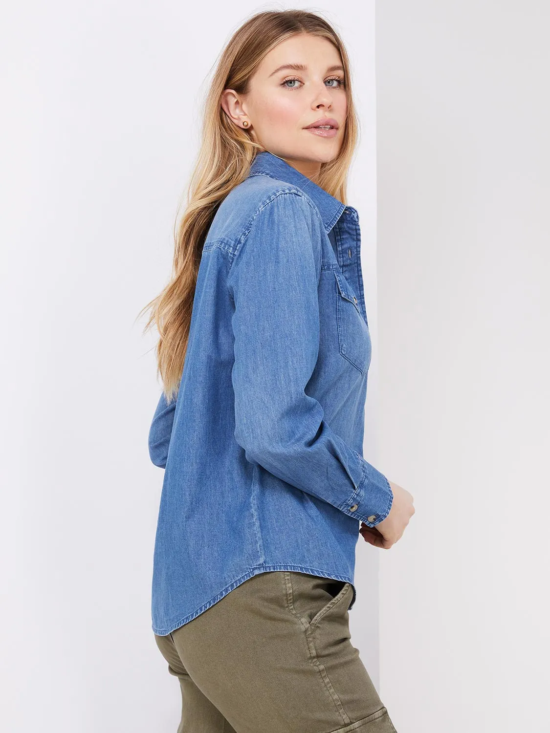 Denim Button-Front Blouse sold by Suzy Shier product image thumbnail 5