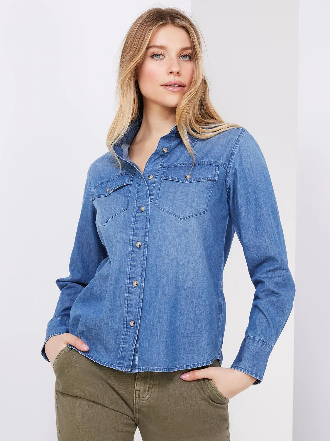 Denim Button-Front Blouse sold by Suzy Shier product image thumbnail 2