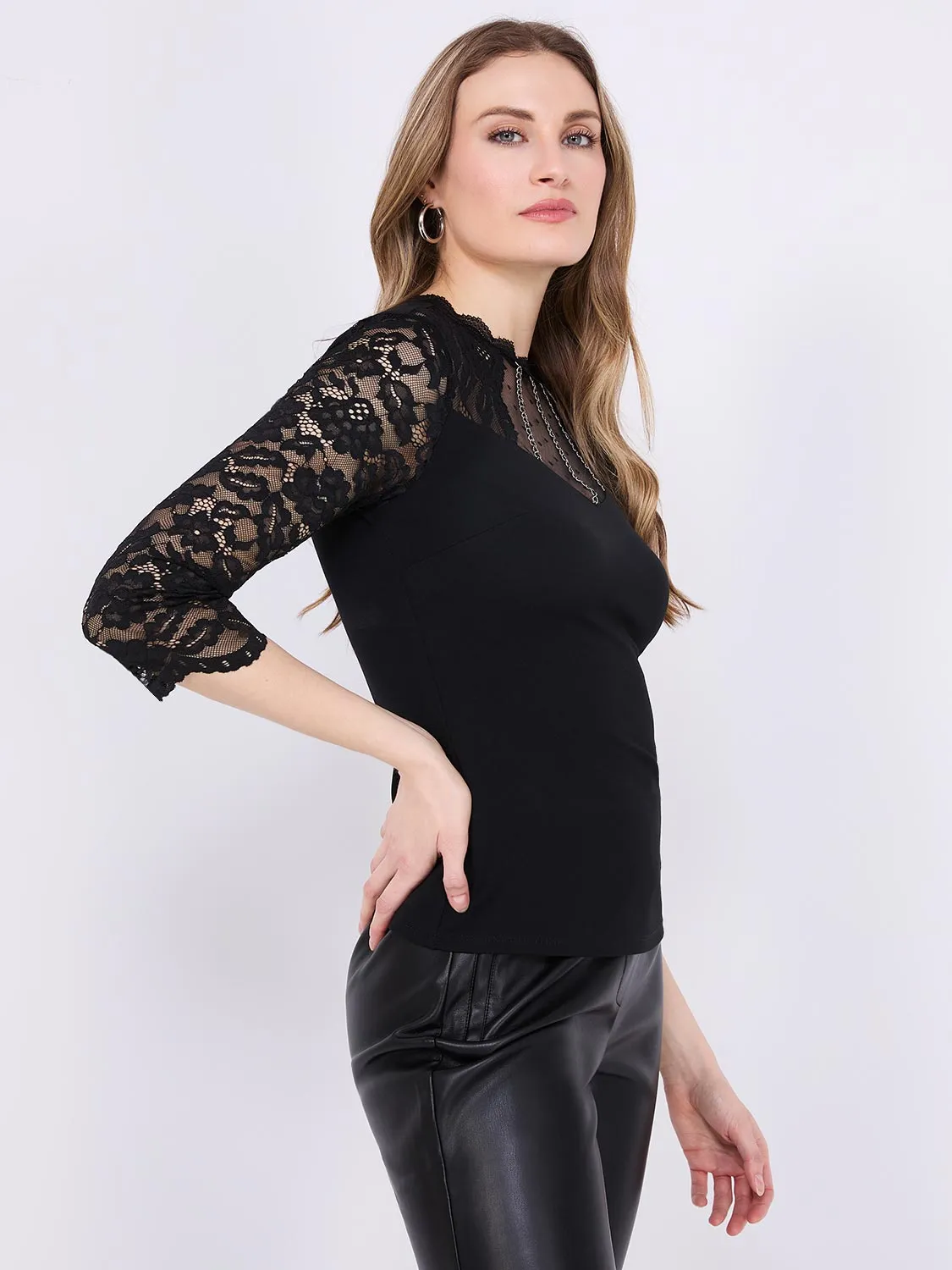 Clip Dot Mesh Top With Lace Sleeves sold by Suzy Shier product image thumbnail 4