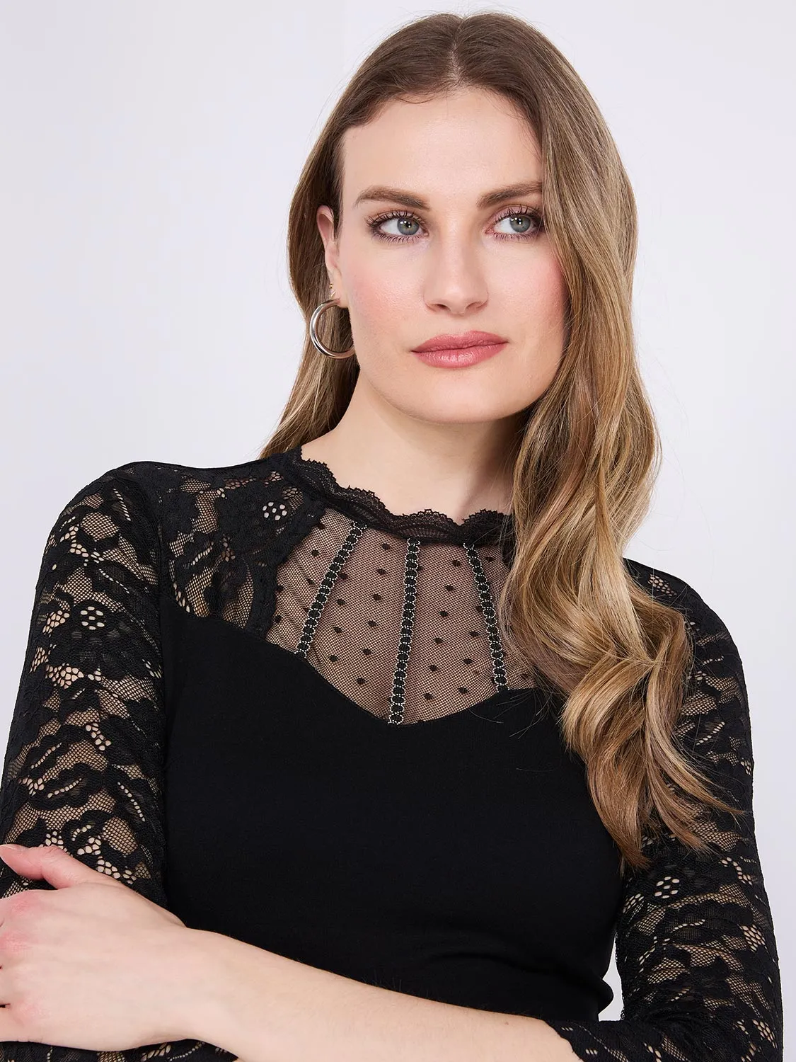 Clip Dot Mesh Top With Lace Sleeves sold by Suzy Shier product image thumbnail 2