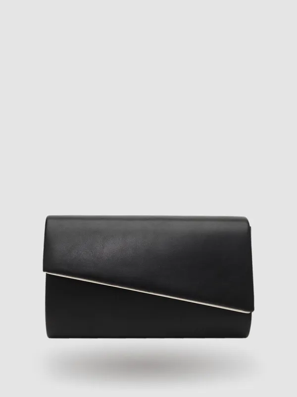Asymmetrical Patent Faux-Leather Flapover Clutch With Metal Trim sold by Suzy Shier